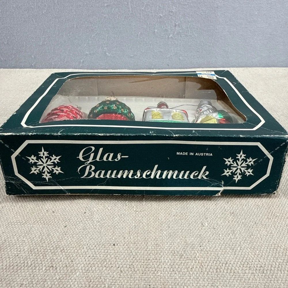 Vintage Austrian Glas-Baumschmuck Blown Glass Christmas Ornaments Set of 4 Boxed